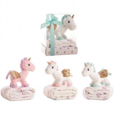 PELUCHE UNICORNIO 26 CM CON MANTA CORALINA 90X75 CM - MODELOS SURTIDOS