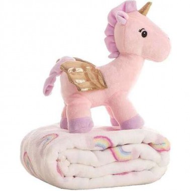 PELUCHE UNICORNIO 26 CM CON MANTA CORALINA 90X75 CM - MODELOS SURTIDOS