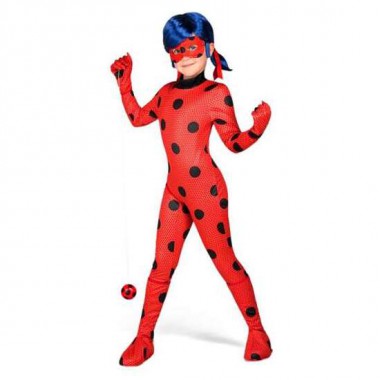 DISFRAZ LADYBUG CON MONO, GUANTES, CUBRE BOTAS, ANTIFAZ, PELUCA, YO-YO Y PENDIENTES TALLA 6-8 AÑOS