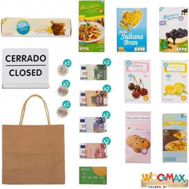 SUPERMECADO DE MADERA WOOMAX CON 25 ACCESORIOS Y CAJA REGISTRADORA ELÉCTRICA 48X30XH70 CM