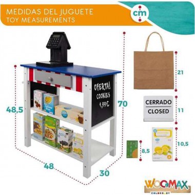 SUPERMECADO DE MADERA WOOMAX CON 25 ACCESORIOS Y CAJA REGISTRADORA ELÉCTRICA 48X30XH70 CM