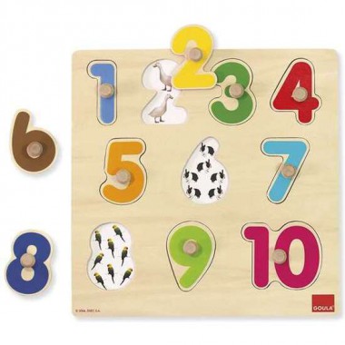 PUZZLE ENCAJABLE NUMEROS, DE MADERA 10 PIEZAS 28X28X2.5 CM GOULA