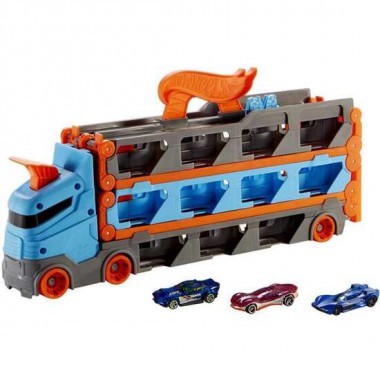 CAMION DE TRANSPORTE HOT WHEELS CONVERTIBLE EN PISTA DE COCHES.