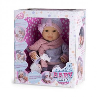 MUÑECO BABY SUSU INTERACTIVO CON PIJAMA GRIS Y MECANISMO. LLORA, RIE Y SUCCIONA EL CHUPETE 38 CM