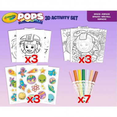 ACTIVIDADES 3D COLOR POPS SPACE SET CON 3 FONDOS, 3 HOJAS 3D, 7 ROTULADORES, 3 HOJAS ADHESIVAS Y CINTA ADHESIVA. 29X22X2,6 CM