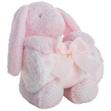 PELUCHE CONEJO ROSA 28 CM CON MANTA CORALINA 100X75 CM EN CAJA